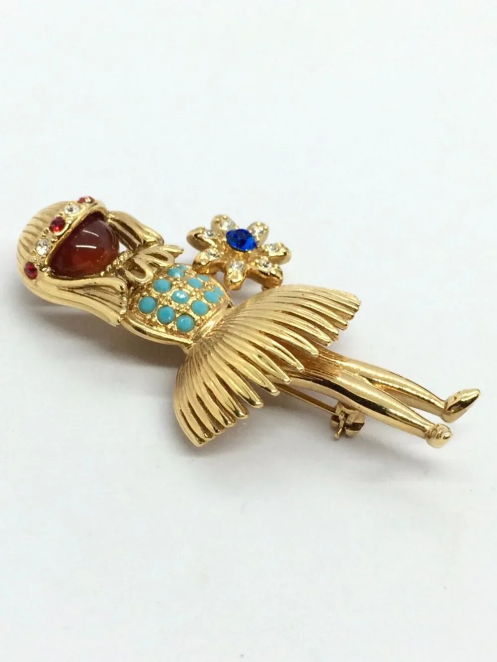 VINTAGE JBK BROOCH Ballerina Camrose Cross Figural Rhinestone Gold Tone
